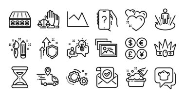 Satır şeması, Saat ve Sorgu satırı simgeleri ayarlandı. Koruma kalkanı ve para değişimi. Artırılmış gerçeklik, Crown and Cooking şapka ikonları. Fikir, Kalp ve Vites tabelaları. Vektör