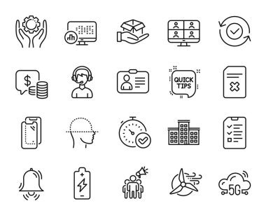 Kimlik kartının vektör kümesi, dosyayı sil ve Danışman satır simgeleri ayarlandı. 5G Bulutu, Marka elçisi ve Bekleme Kutusu simgeleri. Hızlı doğrulama, bölük ve saat işaretleri. Kimlik kartı web sembolü. Vektör