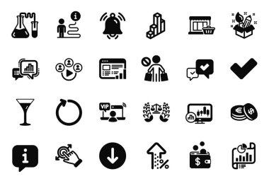 Artan yüzde, Onaylayan ve Uyarı Çanı simgeleriyle ilgili iş simgeleri. 3D çizelge, video konferansı ve adalet terazisi. Martini bardağı, kimya laboratuvarı ve ilmek. Vektör