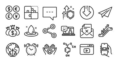 Yürüyen merdiven, yatırım ve kimyasal formül çizgisi simgeleri ayarlandı. Koruma kalkanı ve para değişimi. Paylaş, Reddet ve Video içeriği simgeleri. Vektör
