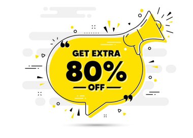 İndirimden% 80 indirim al. Megafon sohbet pankartı uyarısı. İndirimli fiyat tabelası. Özel teklif sembolü. Yüzde 80 tasarruf ederiz. Ekstra indirimli sohbet mesajı hoparlörü. Vektör