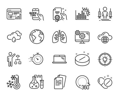 Zamanlayıcı, Belgeler ve Yağmurlu hava çizgisi simgelerinin vektör kümesi ayarlandı. Kimya laboratuvarı, sertifika ve dizüstü bilgisayar simgeleri. Tıbbi ilaçlar, donma ve 360 derece belirtiler. Zamanlayıcı web sembolü. Vektör