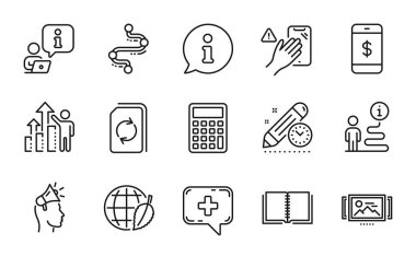 Teknoloji simgeleri ayarlandı. Hesaplayıcı olarak simge, Resim Atlıkarınca, Proje bitiş tarihi işaretleri dahil edildi. Çalışan sonuçları, marka büyükelçisi, akıllı telefon ödeme sembolleri. Belgeyi güncelle, çevre günü. Vektör