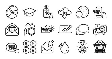 Turta şeması, açık posta ve web posta çizelgesi simgeleri. Koruma kalkanı ve para değişimi. Telefon ödemesi, ödül ve eğitim fikri ikonları. Vektör