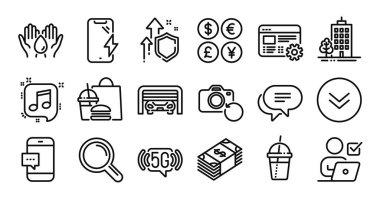 Çevrimiçi oylama, Smartphone mesajı ve müzikal not satırı simgeleri ayarlandı. Koruma kalkanı ve para değişimi. Gökdelen binaları, kısa mesaj ve kahve kokteyli ikonları. Vektör