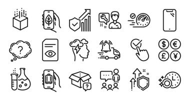 Akıllı telefon, teslimat tebligatı ve kimya şişesi çizgisi simgeleri ayarlandı. Koruma kalkanı ve para değişimi. Farkındalık stresi, artırılmış gerçeklik ve ekoloji uygulama simgeleri. Vektör