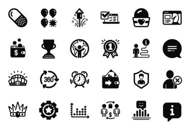 Kapsül hapı, güvenlik ajansı ve balon dart ikonlarıyla ilgili iş simgeleri. Ödül, zaman yönetimi ve Seo strateji işaretleri. Crown, Online İnceleme ve Ayarlama ekipmanları. Cüzdan. Vektör