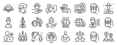 Destekleyici sohbet, Favori uygulama, Ab test simgeleri gibi bir grup insan simgesi. Paylaşım, Döndürme hareketi, Uygulama ayarları. Elektronik termometre, uluslararası personel alımı, kazanan. Doktor bey. Vektör