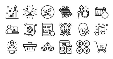 Zamanlayıcı, problem cildi ve nakit kart çizgisi simgeleri ayarlandı. Koruma kalkanı ve para değişimi. Çevrimiçi eğitim, özel teklif ve marka elçiliği ikonları. Vektör