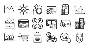 Rapor istatistikleri, teslimat alışverişi ve Infographic grafik çizelgesi simgeleri ayarlandı. Koruma kalkanı ve para değişimi. Temassız ödeme, kredi evi ve web raporları ikonları. Vektör