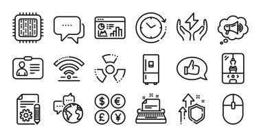 Kimyasal tehlike, belgelendirme ve güvenli enerji hattı simgeleri ayarlandı. Koruma kalkanı ve para değişimi. Daktilo, megafon ve zaman simgeleri. Vektör