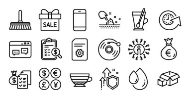 Vinil kayıt, Akıllı Telefon ve Güncelleme zaman çizelgesi simgeleri ayarlandı. Koruma kalkanı ve para değişimi. Muhasebe zenginliği, Tarayıcı penceresi ve temizlik ikonları. Vektör