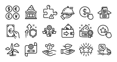 Cüzdan, teslimat indirimi ve döviz hattı simgeleri seti. Koruma kalkanı ve para değişimi. Restoran yemekleri, sadakat yıldızı ve dondurma ikonları. Yel değirmeni türbini, krema ve yıldız işaretleri. Vektör