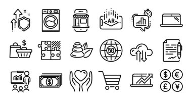Artırılmış gerçeklik, dizüstü bilgisayar ve pazar satış çizgisi simgeleri ayarlandı. Koruma kalkanı ve para değişimi. Pazar yeri, kalbi tut ve çamaşır makinesi simgeleri. Vektör