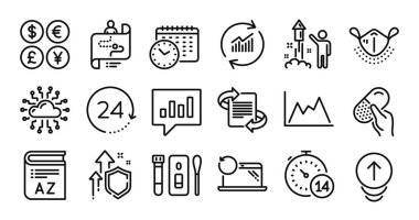 Yolculuk yolu, yukarı kaydırma ve Analitik sohbet hattı simgeleri ayarlandı. Koruma kalkanı ve para değişimi. Havai fişekler, Kurtarma bilgisayarı ve pazarlama ikonları. Karantina, kelime haznesi ve 24 saat işaretleri. Vektör