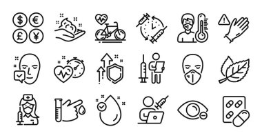 Cilt bakımı, Yaprak ve Termometre çizgisi simgeleri ayarlandı. Koruma kalkanı ve para değişimi. Aşı randevusu, tıbbi maske ve miyop ikonları. Vektör