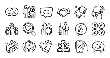 Kazanan kupa, Kalp ve Lezzetli gülümseme çizgisi simgeleri. Koruma kalkanı ve para değişimi. Kişisel bilgiler, aşkı ve sosyal sorumluluk simgelerini ara. Vektör