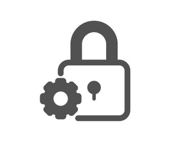 Kilit simgesi. Asma kilit çark işareti. Güvenlik ayarları sembolü. Klasik düz stil. Kalite tasarım elemanı. Basit kilit simgesi. Vektör