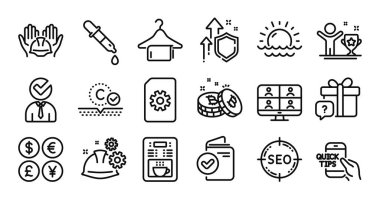 Kolajen derisi, temiz havlu ve boşluk çizgisi simgeleri hazır. Koruma kalkanı ve para değişimi. Kahve makinesi, çalışma süreci ve kupa ikonları. Vektör