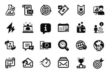 Sunum kurulu, Kurtarma bilgisayarı ve Kimya laboratuarı simgeleriyle ilgili Eğitim ikonları vektör kümesi. Zamanlayıcı, Takvim grafiği ve posta harfleri. En iyi menajer, kazanan podyum ve yorum. Vektör