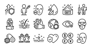 Aşı duyurusu, insan aşısı ve temiz cilt çizgisi simgeleri hazır. Koruma kalkanı ve para değişimi. Coronavirus hapları, el dezenfektanı ve miyop ikonları. Vektör