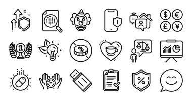 Güvenli zaman, Analitik çizelge ve nakit hattı simgesi yok. Koruma kalkanı ve para değişimi. Kredi yüzdesi, kapsül hapı ve Usb simgeleri. Palyaço, Sunum ve Çevre Enerji İşaretleri. Vektör