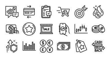 Kontrol listesi, kredi kartı ve bankacılık hattı simgeleri ayarlandı. Koruma kalkanı ve para değişimi. Finansal uygulama, Bar diyagramı ve online alışveriş ikonları. Tasarruf, Sadakat yıldızı ve Sıcak kredi tabelaları. Vektör