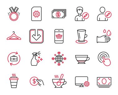 Çamaşır yıkama, vestiyer ve akıllı telefon satın alma ikonları ile ilgili vektör satır simgeleri. Lastik eldivenler, kuru kapuçino ve düzenleyici insan tabelaları. Lojistik ağı, nakit para ve paket servis. Vektör