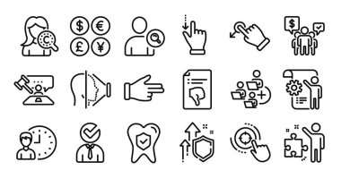 Yüz tanımlama, diş sigortası ve Seo hedef çizgisi simgeleri ayarlandı. Koruma kalkanı ve para değişimi. Takım çalışması, Yargıç Çekiç ve Strateji ikonları. Vektör