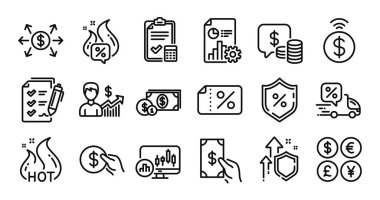 Dolar parası, kredi yüzdesi ve Candlestick çizelgesi simgeleri hazır. Koruma kalkanı ve para değişimi. Araştırma listesi, Ödeme ve Teslim İndirim ikonları. Vektör