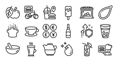 Şef, Apple ve Market çizgisi simgeleri hazır. Koruma kalkanı ve para değişimi. Espresso, yemek pişirme şapkası ve dondurma ikonları. Süt sürahisi, latte ve yiyecek teslimatı tabelaları. Vektör
