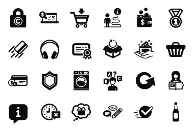 Anahtar sözcükler, İşaretleme kutusu ve En İyi sıra simgeleriyle ilgili basit simgelerin vektör kümesi. Bira, kredi kartı ve sertifika işaretleri. Alışveriş arabası, güvenlik ve zaman. Kulaklıklar, iade paketi ve hediye rüyası. Vektör