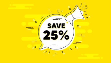 Yüzde 25 indirim yap. Sarı sohbet afişini alarma geçirin. İndirimli fiyat tabelası. Özel teklif sembolü. İndirimli sohbet mesajı hoparlörü. Megafon geçmişini uyarın. Vektör