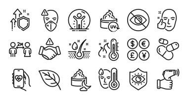 Göz koruması, gece kremi ve kapsül hapları hazır. Koruma kalkanı ve para değişimi. Sağlık uygulaması, UV koruması ve sosyal uzaklık simgeleri. Vektör