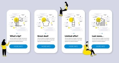 Liderlik, aşçılık şapkası, bira şişesi ikonları gibi iş simgeleri. İnsanlarla UI telefon uygulaması ekranları. İş istatistikleri sembolleri. Kazanan bayrak, Şef, zanaat birası. İş raporu. Vektör