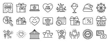 Sürpriz paket, hediye kutusu, dönme dolap ikonları gibi bir dizi tatil ikonu. Kazanan bilet, Aşk Kalbi, Arama Uçuş İşaretleri. Takvim indirimleri, gülen surat, indirimli pankart. - Dondurma. Vektör