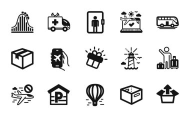 Uçak yolculuğu vektör seti, hediye ve ofis kutusu simgeleri basit set. Hava balonu, otobüs turu ve uçuş simgelerini iptal et. Hız treni, posta kutusu ve deniz feneri işaretleri. Vektör