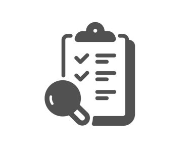 Simgeyi incele. Kaliteli araştırma işareti. Doğrulama listesi sembolü. Klasik düz stil. Kalite tasarım elemanı. Basit bir denetleme simgesi. Vektör