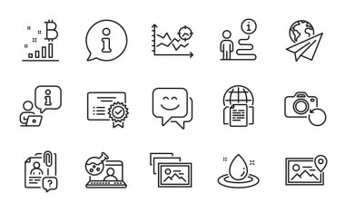 Teknoloji simgeleri ayarlandı. Sertifika olarak simge, internet belgeleri, çalışan imzaları dahil. Gülen yüz, Seo analizi, Bitcoin grafik sembolleri. Fotoğraf konumu, kağıt uçak, iyileşme fotoğrafı. Vektör