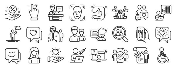 Set of People icons, such as Like, Dating chat, Vaccination appointment icons. Search employees, Chef, Exhibitors signs. Disabled, Leadership, Touchscreen gesture. Face detection, Woman. Vector