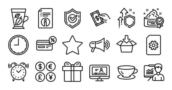 Online Video Pay Money Cashback Line Icons Set Secure Shield — Stock Vector