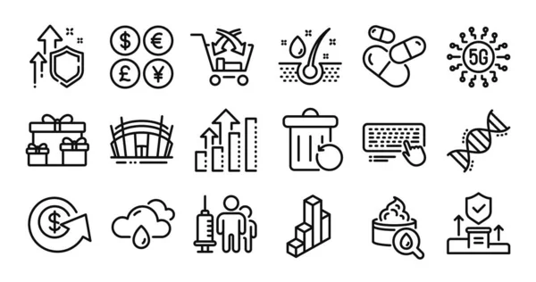 Arena Stadium Surprise Boxes Analysis Graph Line Icons Set Secure — Stock Vector