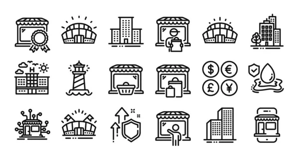 Liefermarkt Gebäude Und Marktplatz Linie Symbole Gesetzt Sichere Abschirmung Und — Stockvektor