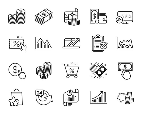 Vector set of Discount coupon, Coins and Piggy bank line icons set. Graph chart, Report statistics and Payment icons. Sales diagram, Survey checklist and Payment click signs. Vector