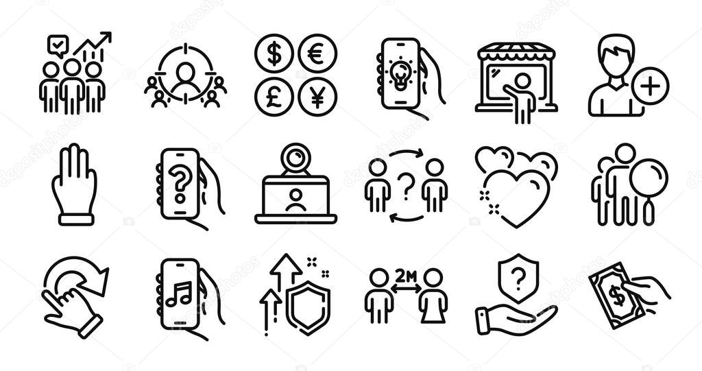 Business targeting, Business statistics and Help app line icons set. Secure shield and Money currency exchange. Add person, Search people and Music app icons. Vector