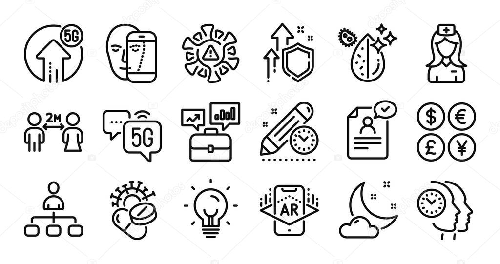 Coronavirus, Resume document and Night weather line icons set. Secure shield and Money currency exchange. Management, Business portfolio and Time management icons. Vector