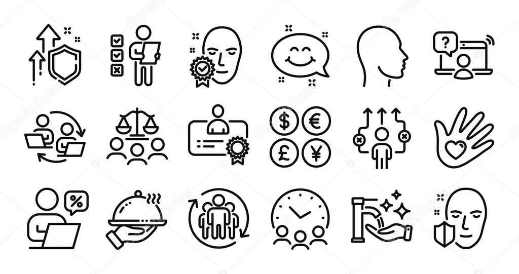 Restaurant food, Certificate and Teamwork line icons set. Secure shield and Money currency exchange. Social responsibility, Face verified and Online question icons. Vector