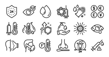 Termometre, ellerini yıkama ve Coronavirus aşı çizgisi simgeleri hazır. Koruma kalkanı ve para değişimi. 24 saat, Coronavirus ve tıbbi maske ikonları. Vektör