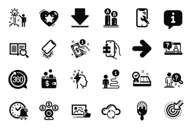 İndirme, Smartphone kırılması ve alarm simgeleri ile ilgili iş simgeleri. Dondurma, karın kası testi ve video konferans tabelaları. Fotoğraf stüdyosu, Beyin Fırtınası ve Sonraki. Faq. Vektör