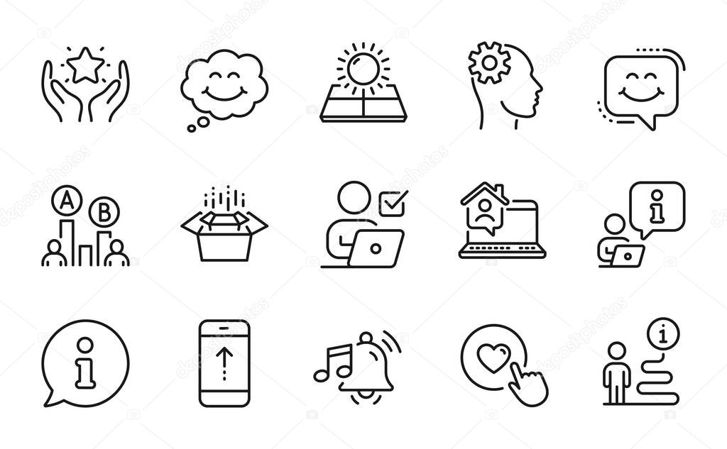 Technology icons set. Included icon as Smile chat, Smile, Engineering signs. Sun energy, Swipe up, Alarm sound symbols. Online voting, Ab testing, Packing boxes. Work home, Like button. Vector